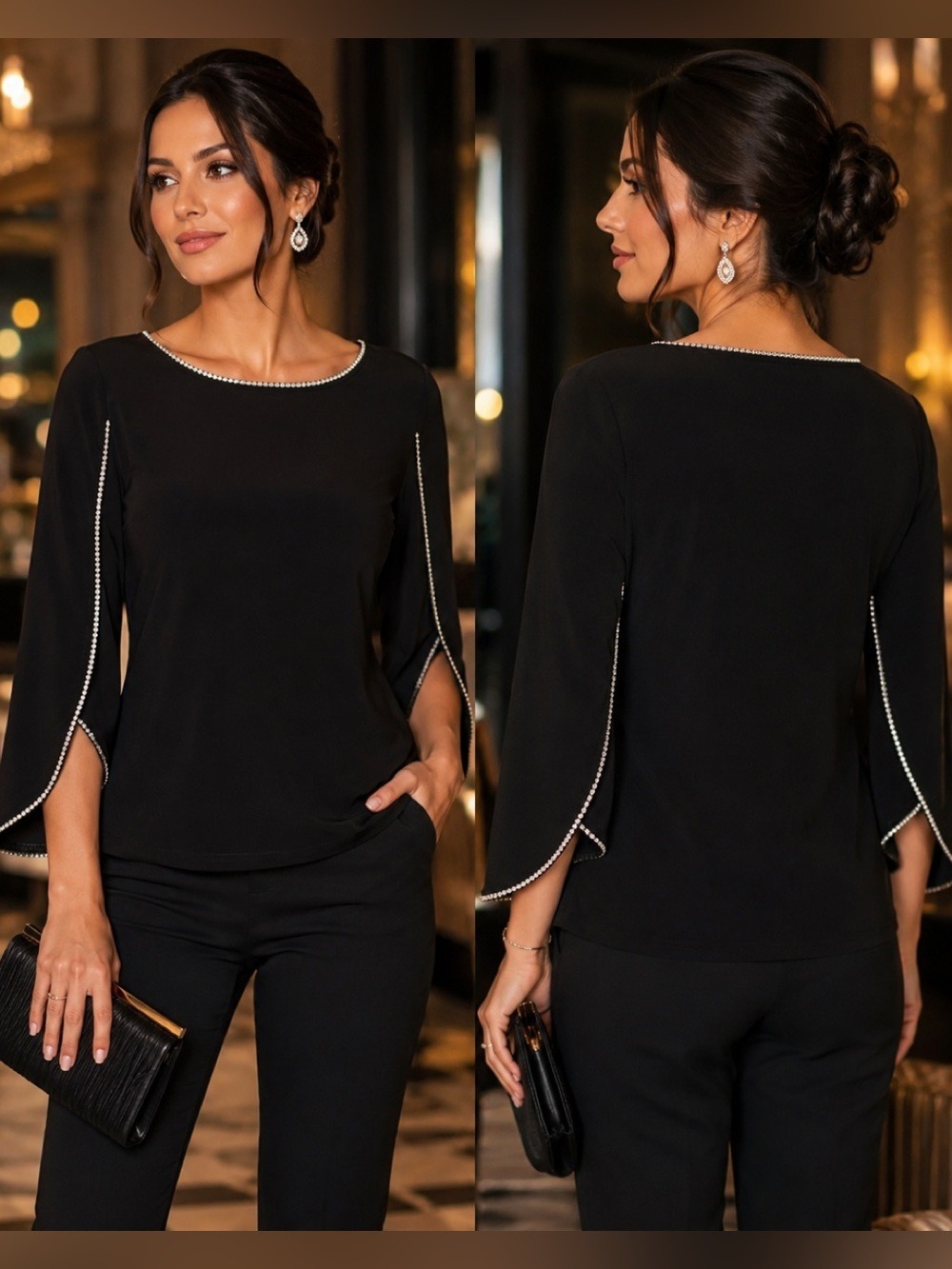 Elegant Black Rhinestone-Trim Evening Top - Picture 13 of 13